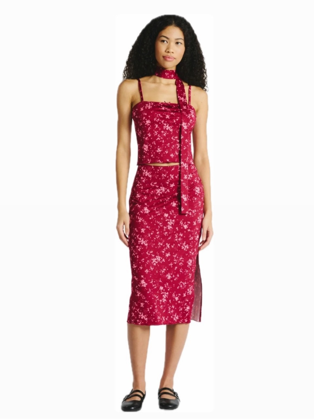 NO BOUNDARIES WOMEN M CAMI & MIDI SKIRT W/ SCARF 3-PIECE SET IN SPARKLING MERLOT